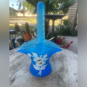 Westmoreland frosted sky blue Glass Basket with White Floral Design